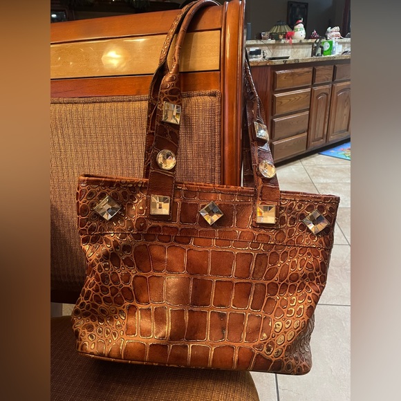 Raviani Brown Leather and Gold Croc Bag with Crystals EUC - Picture 2 of 16